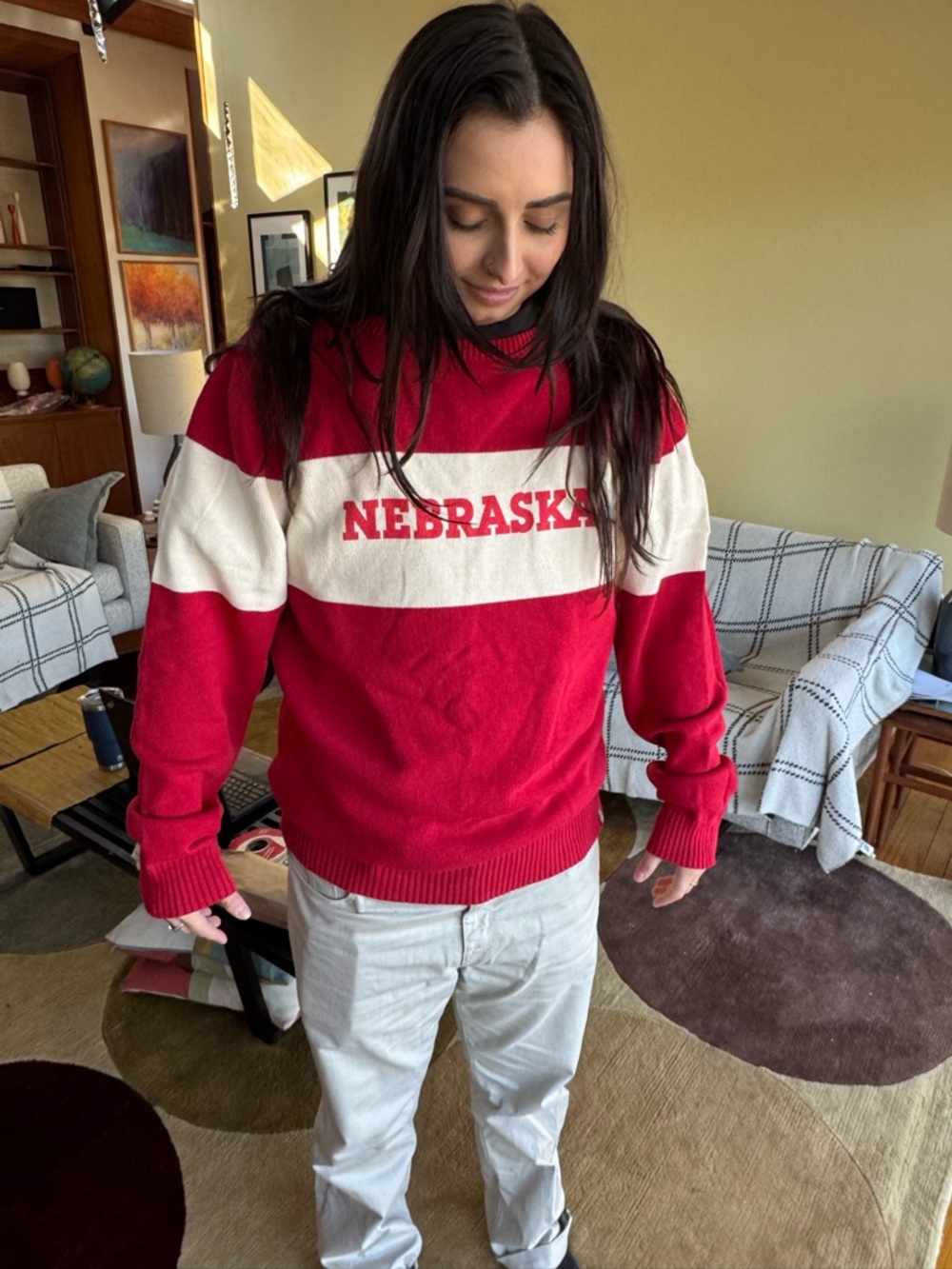 Nebraska brüzer Red Crewneck Sweater with White Trim